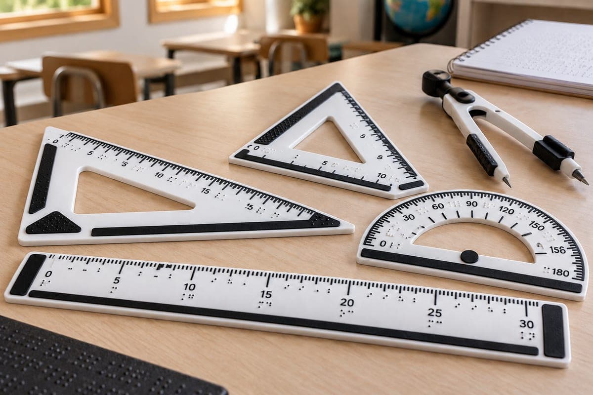 Ilustración de instrumentos de geometría adaptados sobre un escritorio: regla, dos escuadras y transportador en blanco y negro con marcas en relieve, junto a un compás.